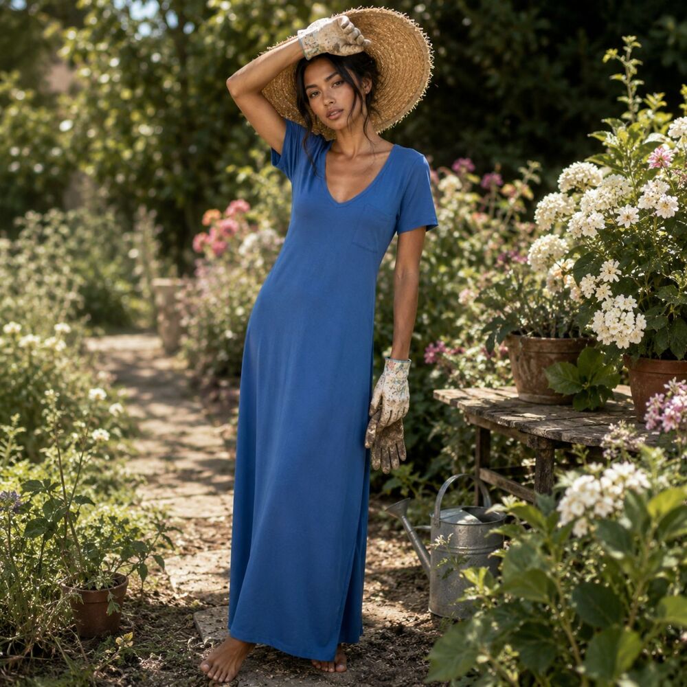 Nordstrom Maxi Dress W/ S Teal Blue Velvet Torch V-Neck Pocket Jersey LN/NWOT